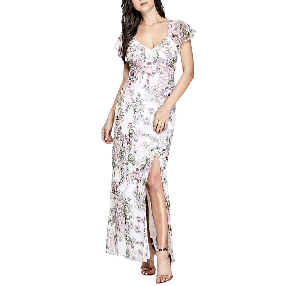 Guess Loyola Floral Flutter Sleeve Maxi Dress V-Neck Thigh Slit Size XS 2 Pink
